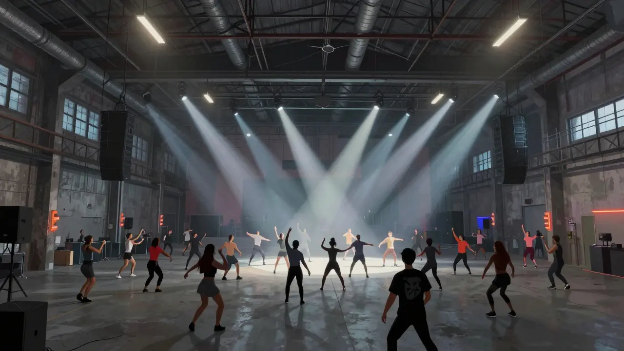 Vast industrial warehouse filled with dancers under towering ceilings, light beams cutting through dusty air.