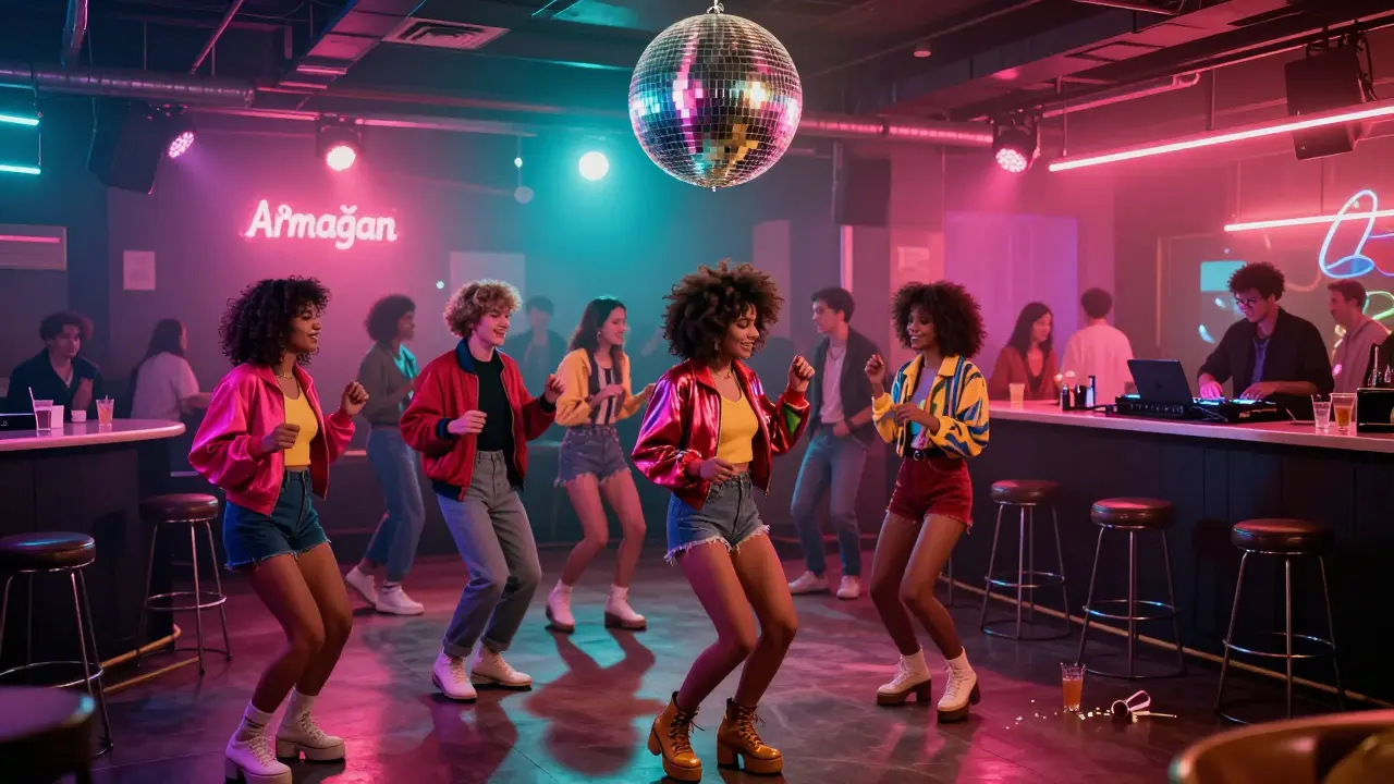 Vibrant retro disco party with neon lights and people dancing in 80s fashion.