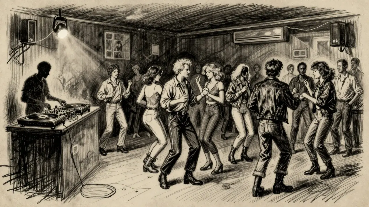 Vintage sketch of a gritty 90s-era club with dancers lost in electro beats under flickering strobes.