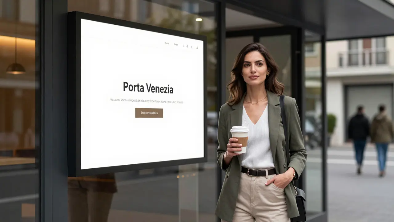 Woman standing confidently near her apartment entrance in Porta Venezia, holding coffee.
