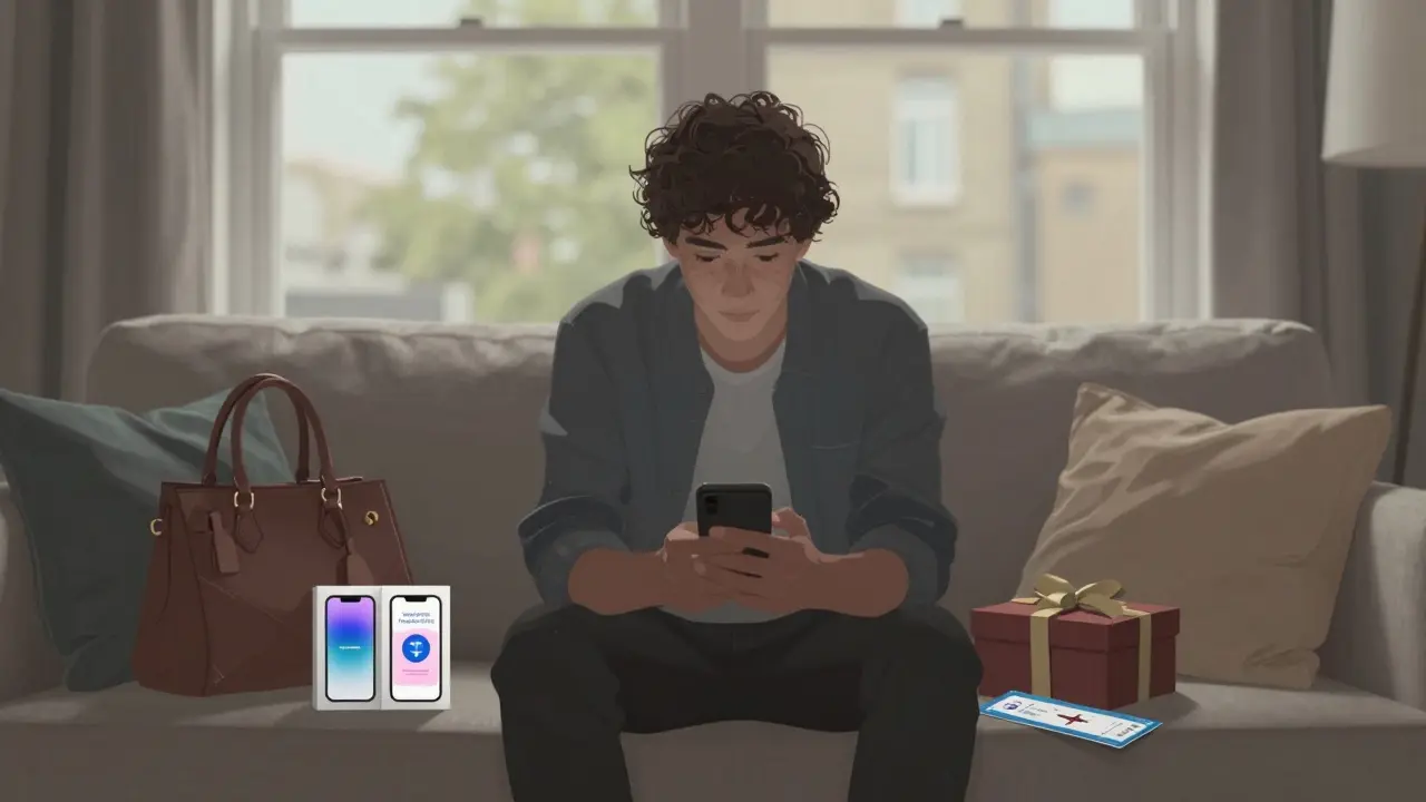 Young person in apartment surrounded by luxury gifts, scrolling on a sugar dating app.