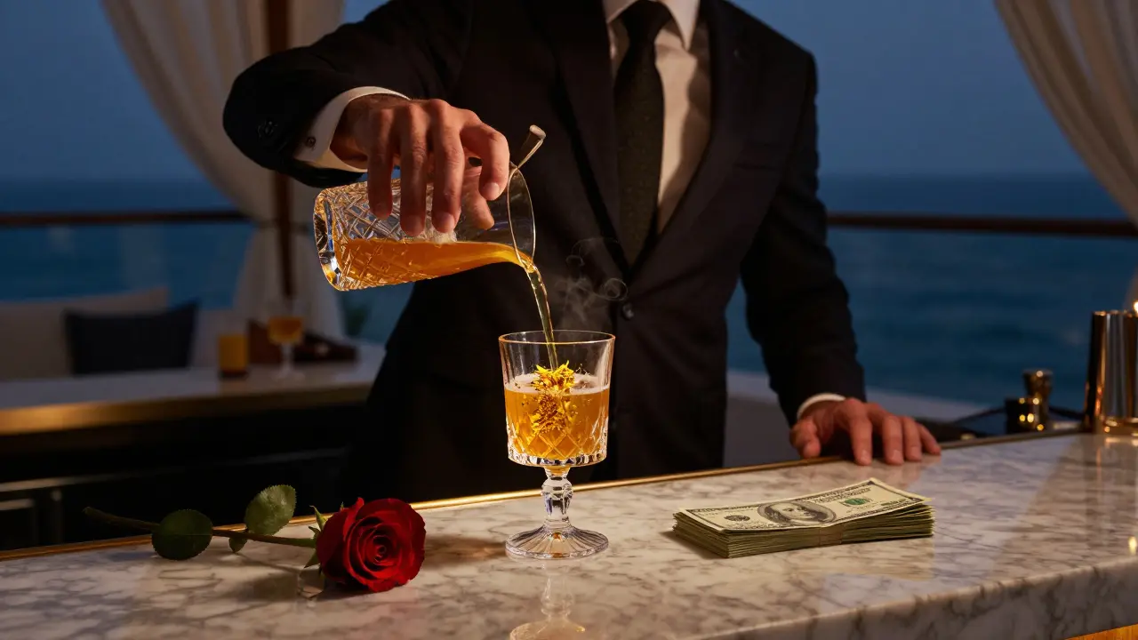 A bartender pouring a golden-hued cocktail with edible flakes in a quiet upscale rooftop lounge, cash and a rose beside it.