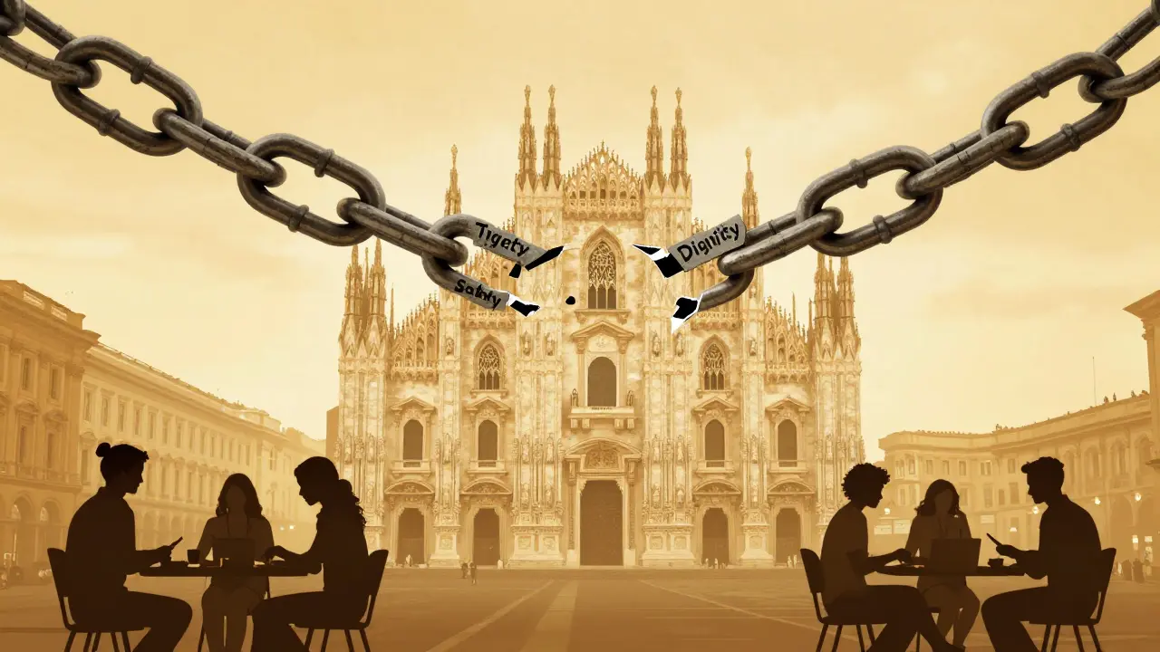 A broken chain above Milan’s skyline with words like 'Trust' and 'Exploitation', while people engage in community activities below in warm light.