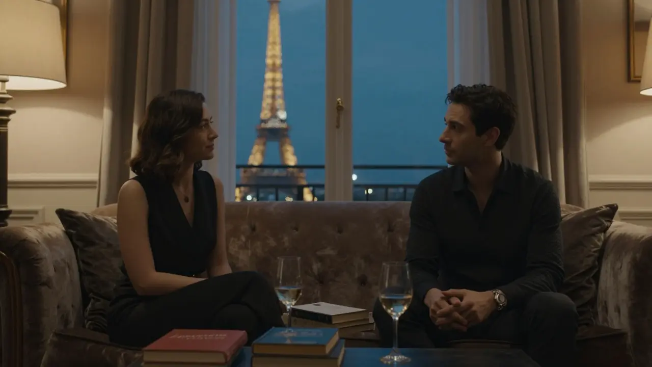 A client and companion seated together in a cozy Paris apartment, books and wine between them, Eiffel Tower visible in the distance.