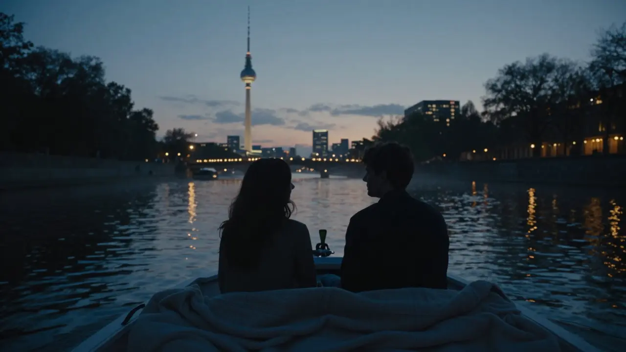 A couple on a private boat at twilight on the Havel River, Berlin skyline glowing in the distance.