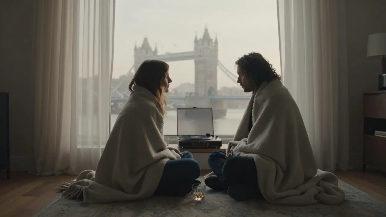 A couple wrapped in a blanket at dawn, listening to jazz as Tower Bridge appears outside.