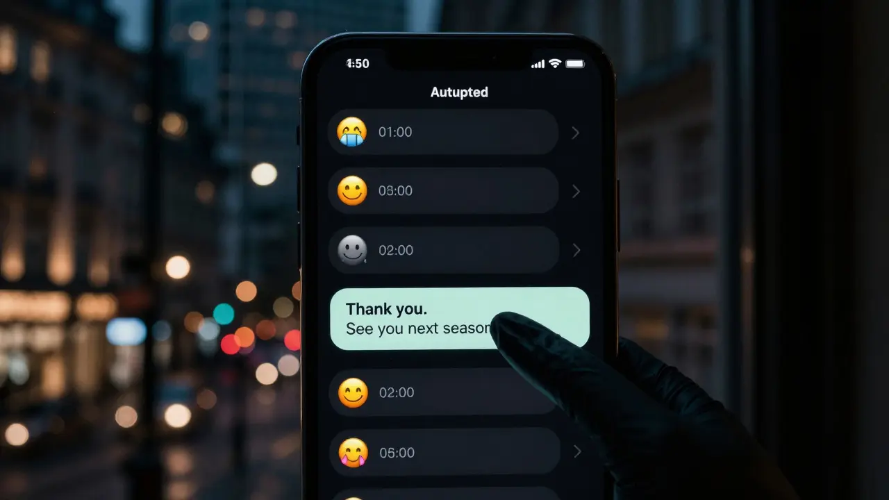 A dark screen showing encrypted messages with abstract emojis, city lights reflecting on glass.