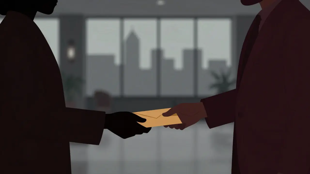 A discreet cash exchange in a hotel lobby, figures partially shadowed, Berlin skyline visible in the background.