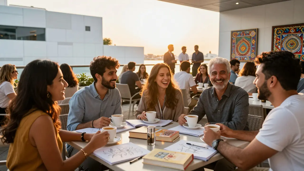 A diverse group of expats socializing outdoors at a café near Louvre Abu Dhabi.