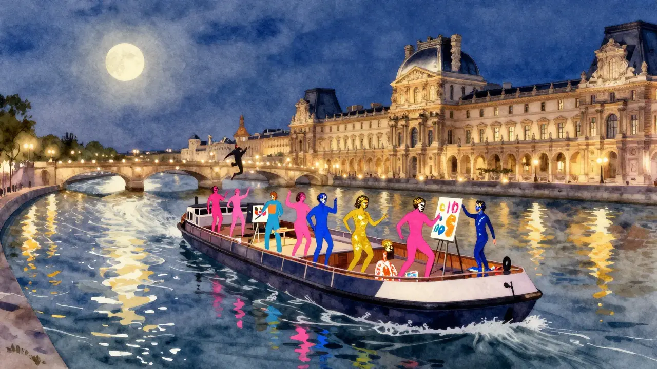 A floating party on the Seine at night with guests in bright colors dancing under lit bridges.