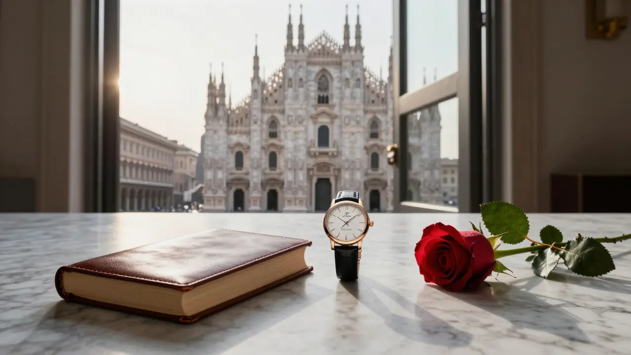 A luxury watch, book, and rose rest beside an open door to Milan's Duomo district at sunrise.