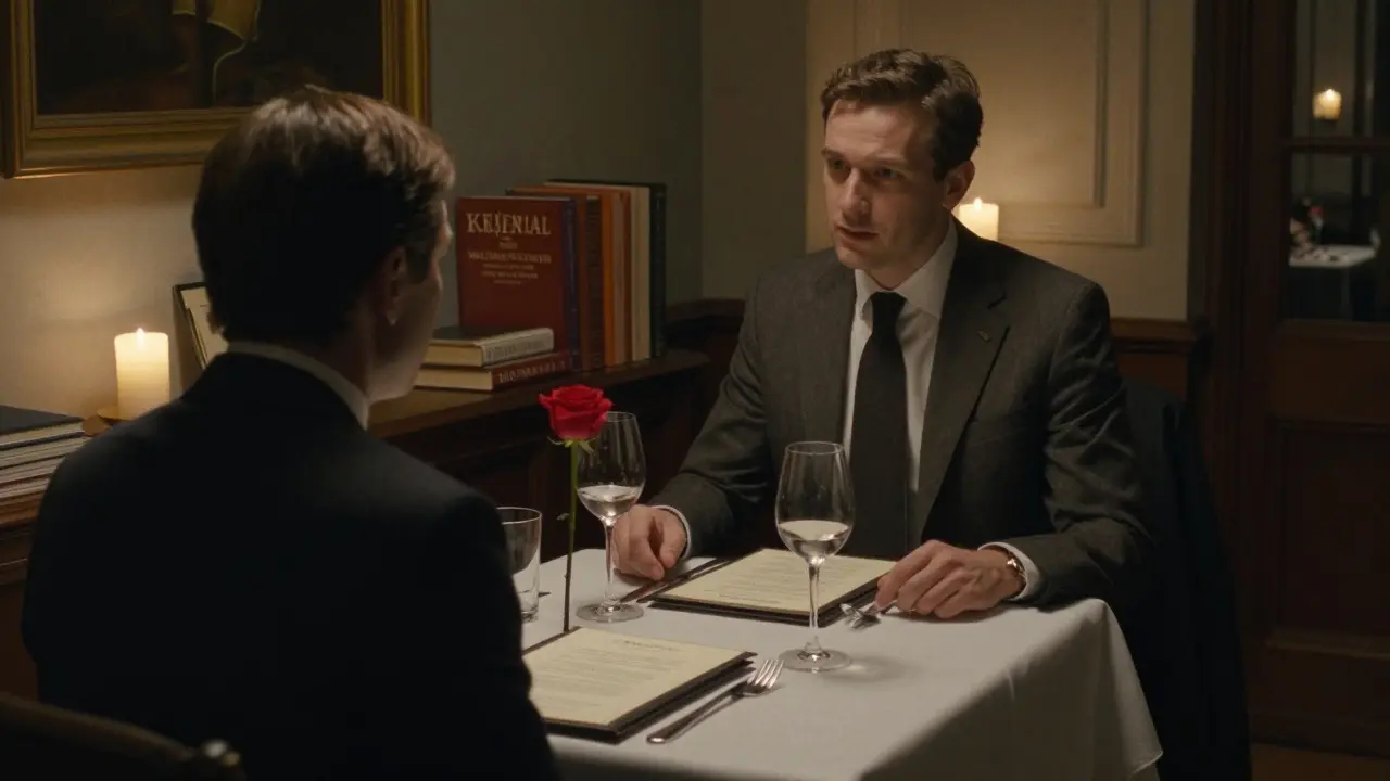 A man dining alone at a candlelit table in a high-end hotel suite, with a rose and wine glasses.