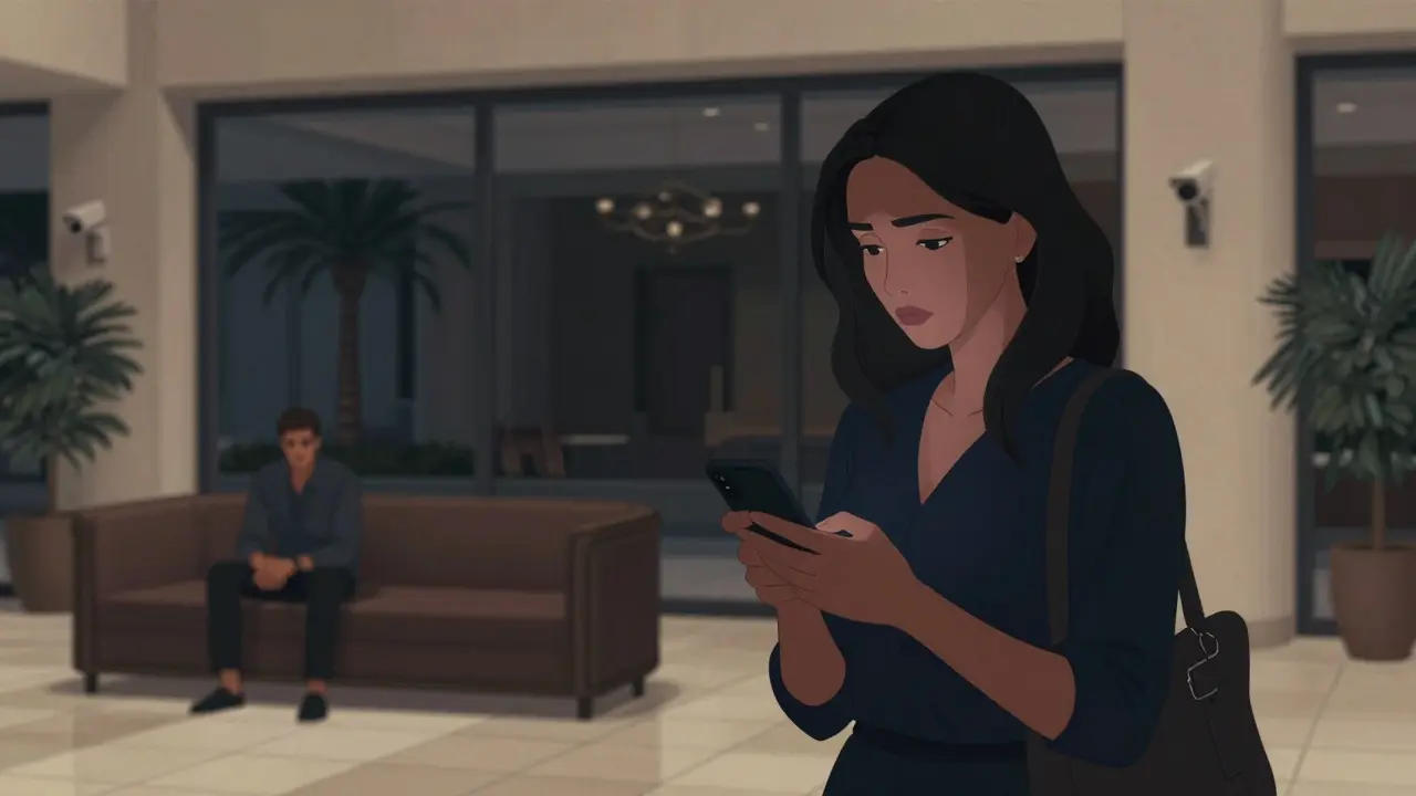 A nervous woman and a man in a hotel lobby under surveillance cameras.