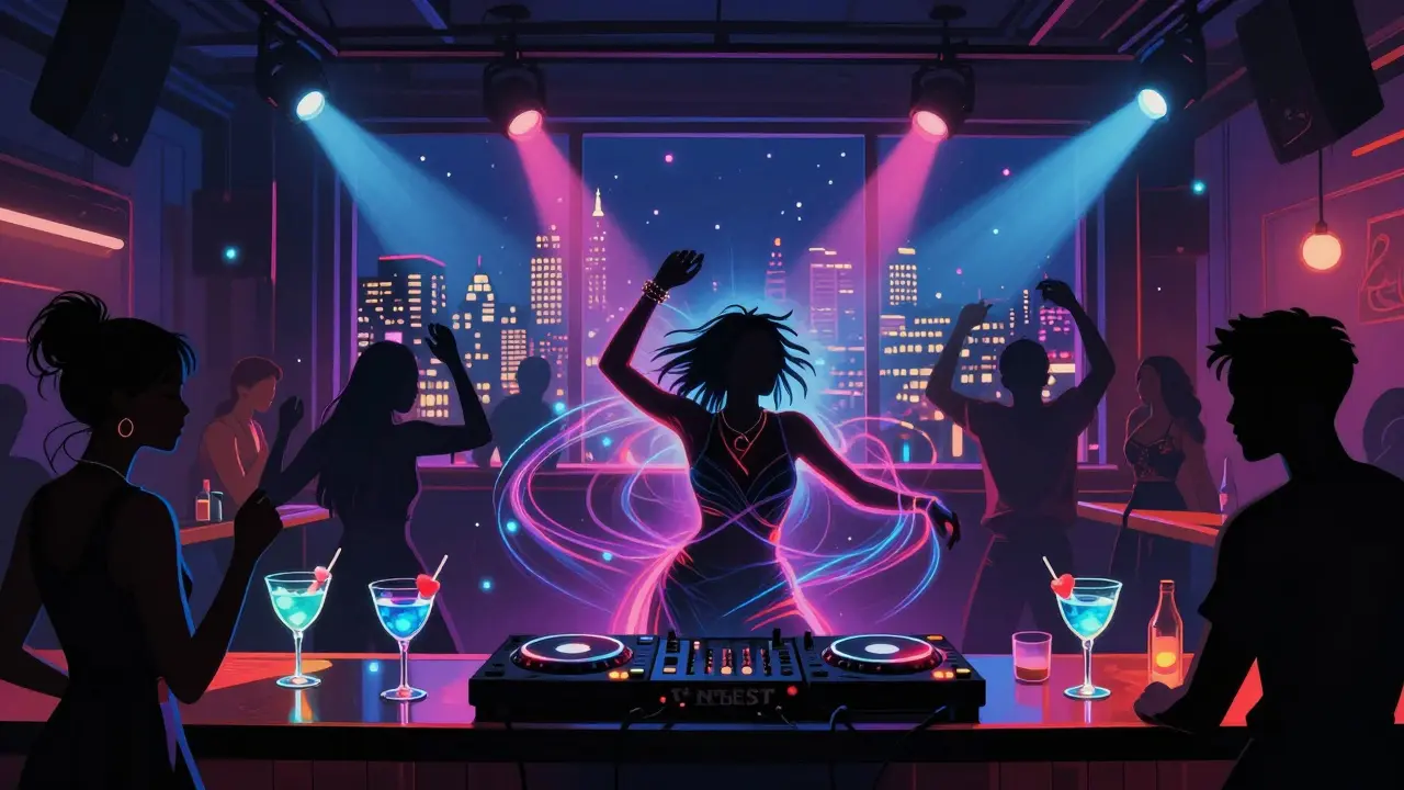 A person dancing alone in a vibrant nightclub with rooftop city views and disco lights.