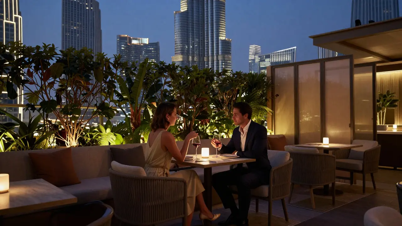 A private rooftop lounge at twilight with a couple enjoying wine, Burj Khalifa glowing in the distance, no other guests.