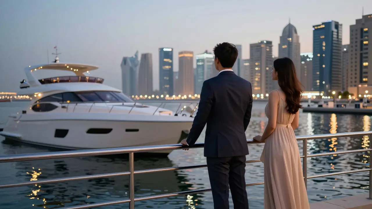 A private yacht at dusk on Dubai Marina, a couple standing at the railing facing the skyline, no faces shown.