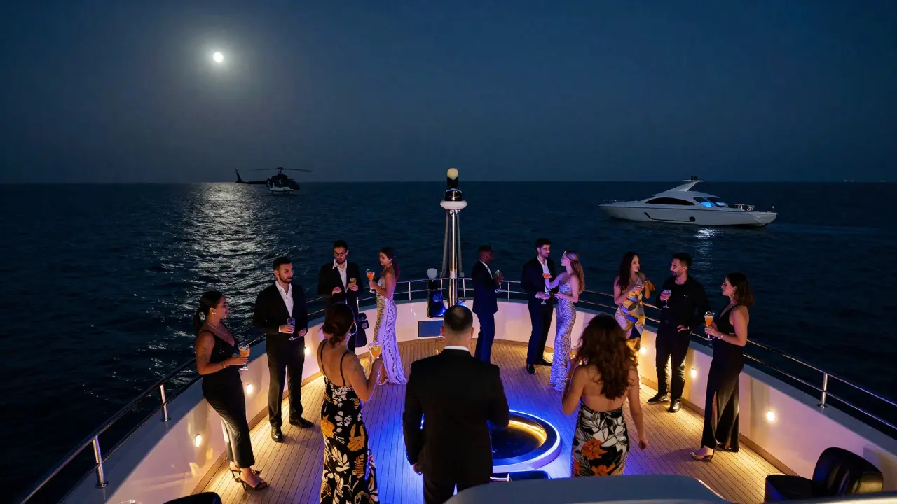 A private yacht at night with guests dancing under soft lights, anchored off Saadiyat Island as a helicopter hovers in the distance.