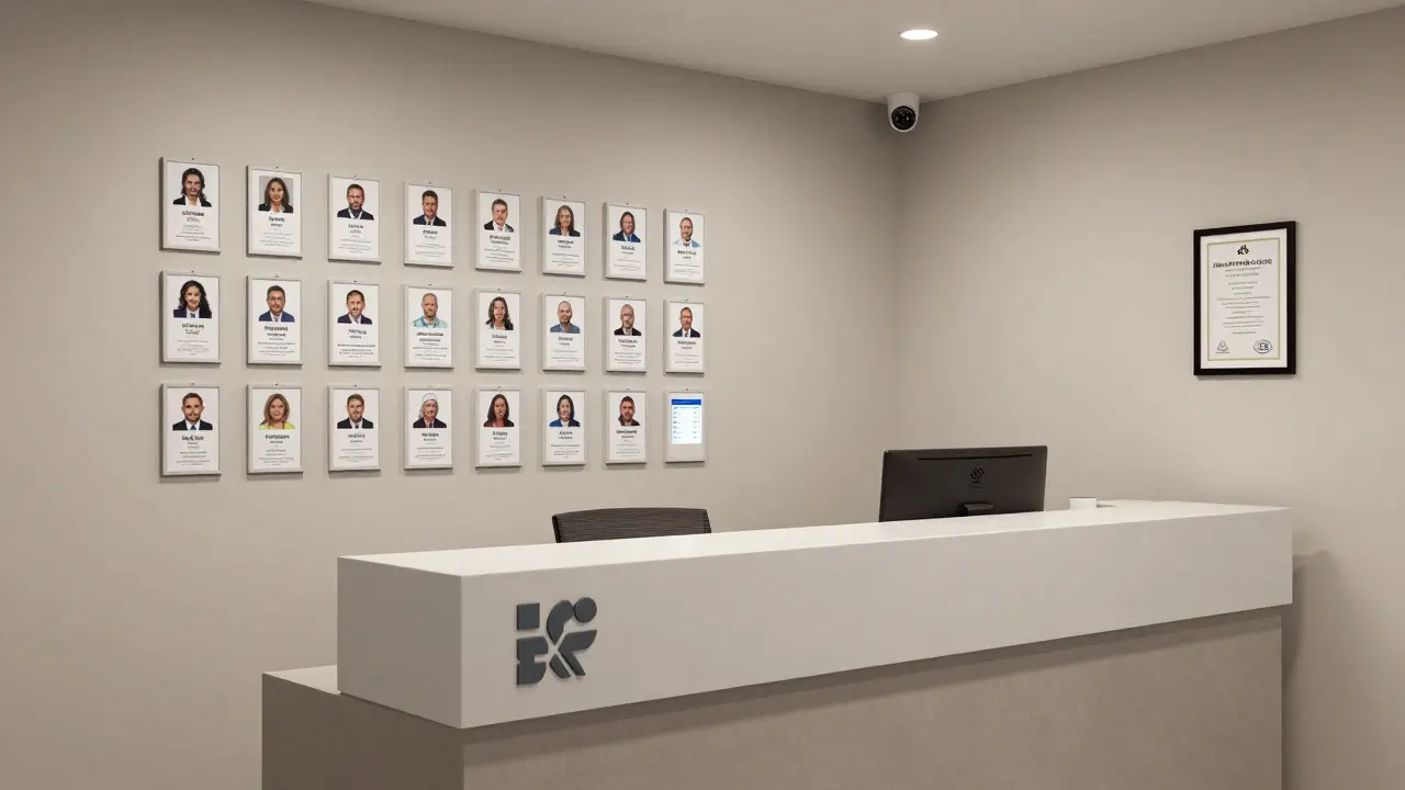 A professional escort agency office with secure booking system and ID verification displays.