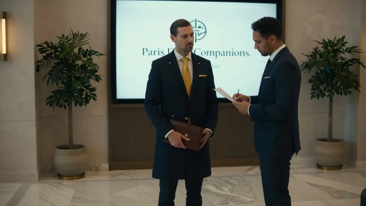 A professional escort and client meeting in a modern hotel lobby with a discreet digital platform visible.