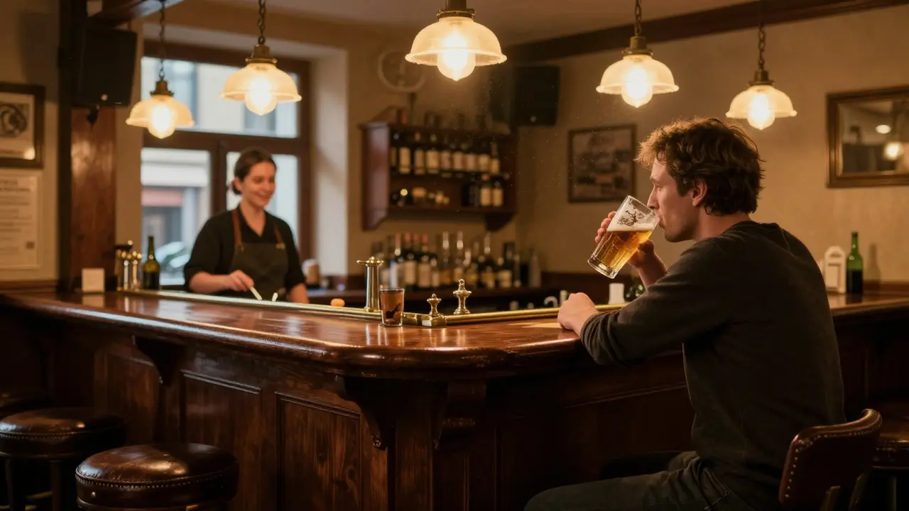 A quiet bar interior with dark wood, vintage lighting, and a customer sipping beer in a timeless Berlin pub.