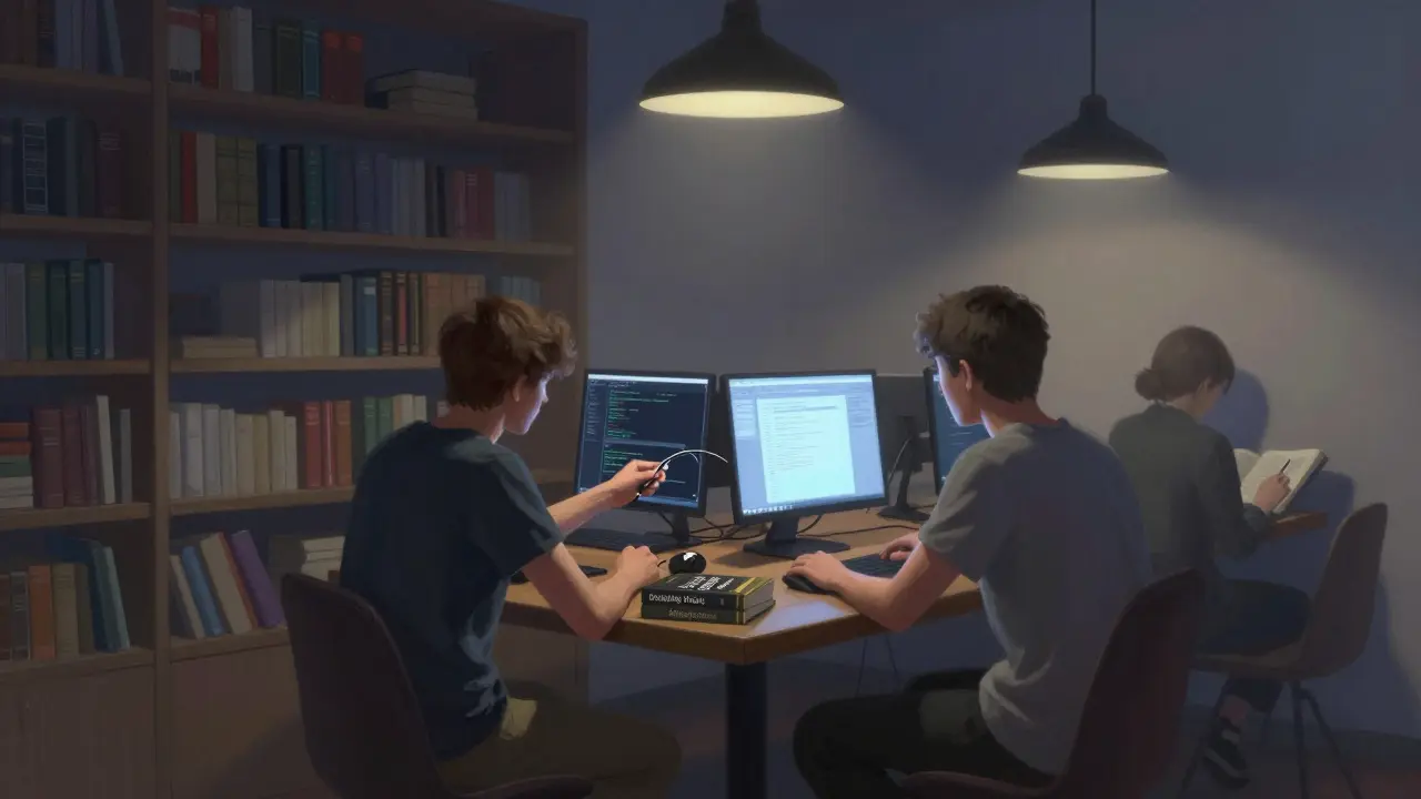 A quiet tech café at night with coders working silently among shelves of programming books.