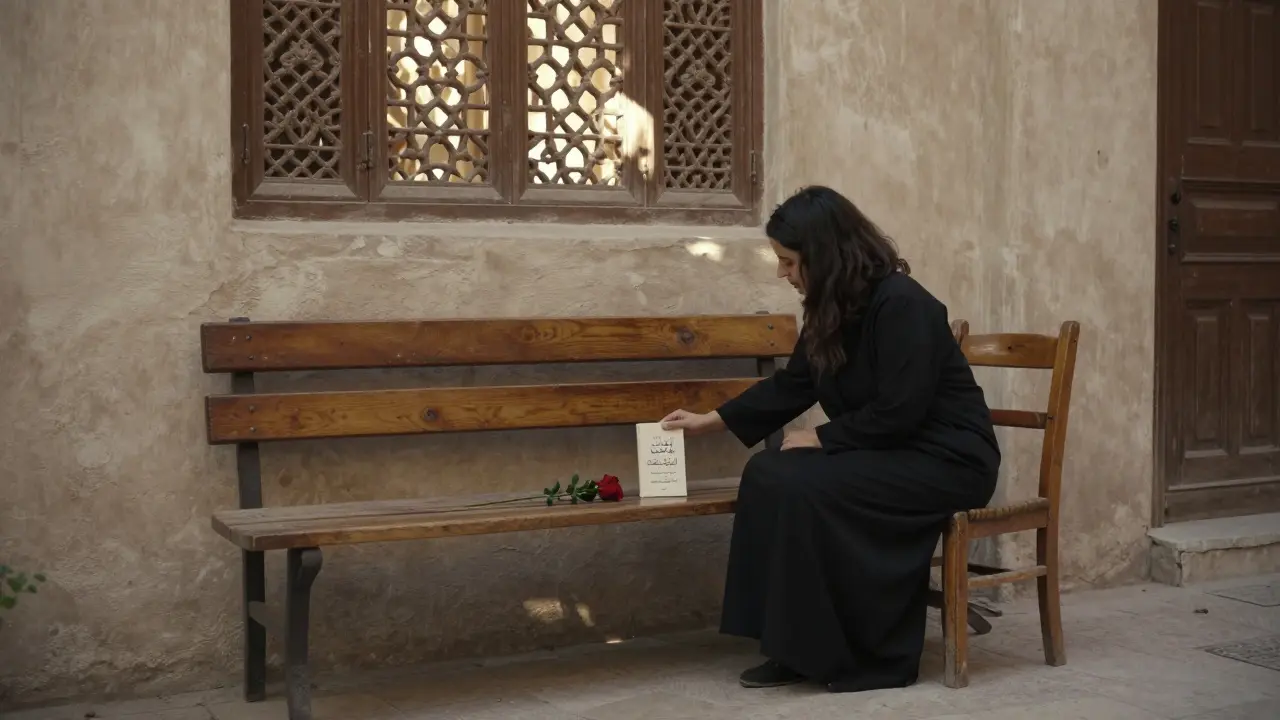 A single red rose and book left on a bench in a quiet courtyard, morning light filtering through latticework.