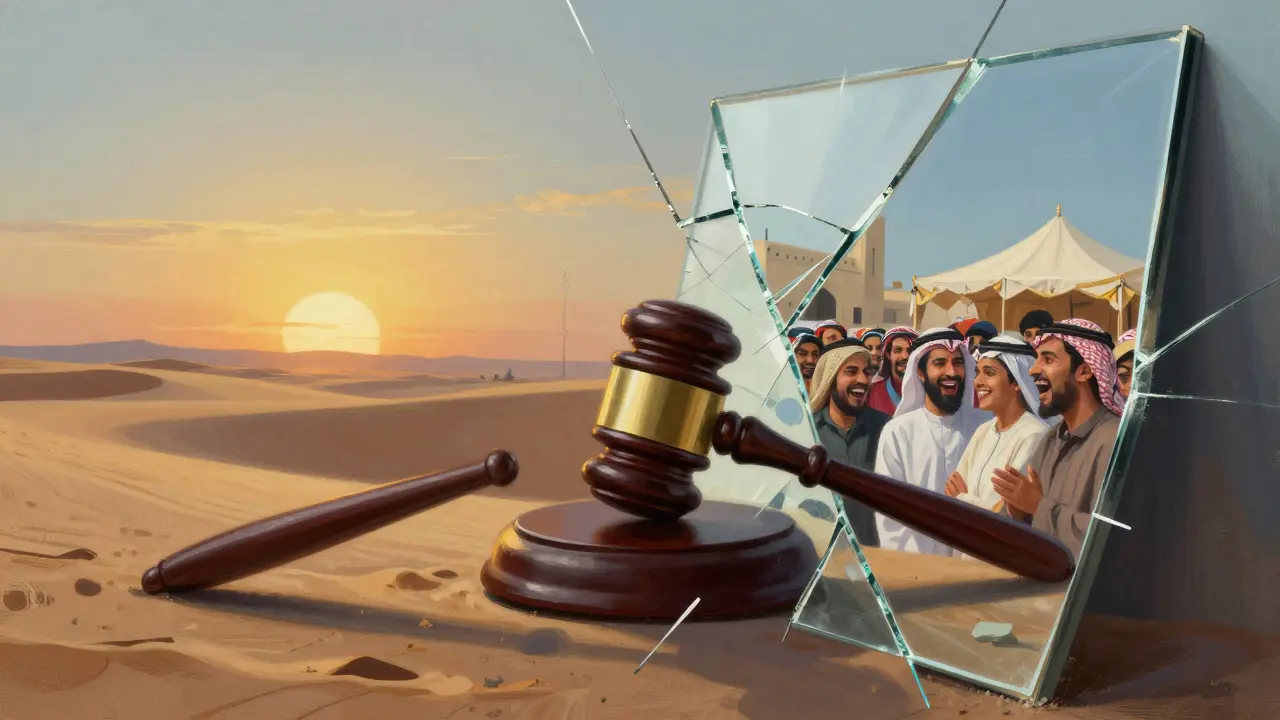 A symbolic mirror showing desert, courtroom, and cultural festival scenes.