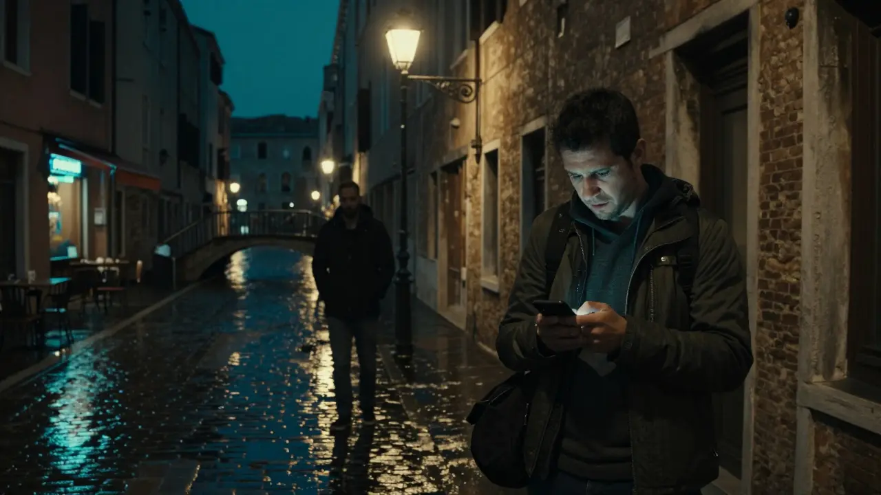 A tourist in Milan's Navigli district at night, looking at his phone under a streetlamp while a shadowy figure waits nearby.
