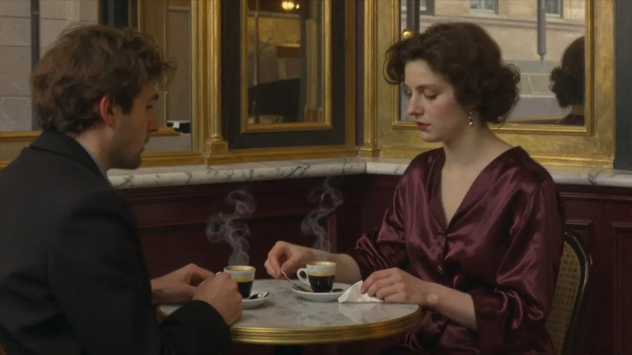 A woman and man sharing espresso at Caffè Cova, quiet and intimate, with historic café details in the background.