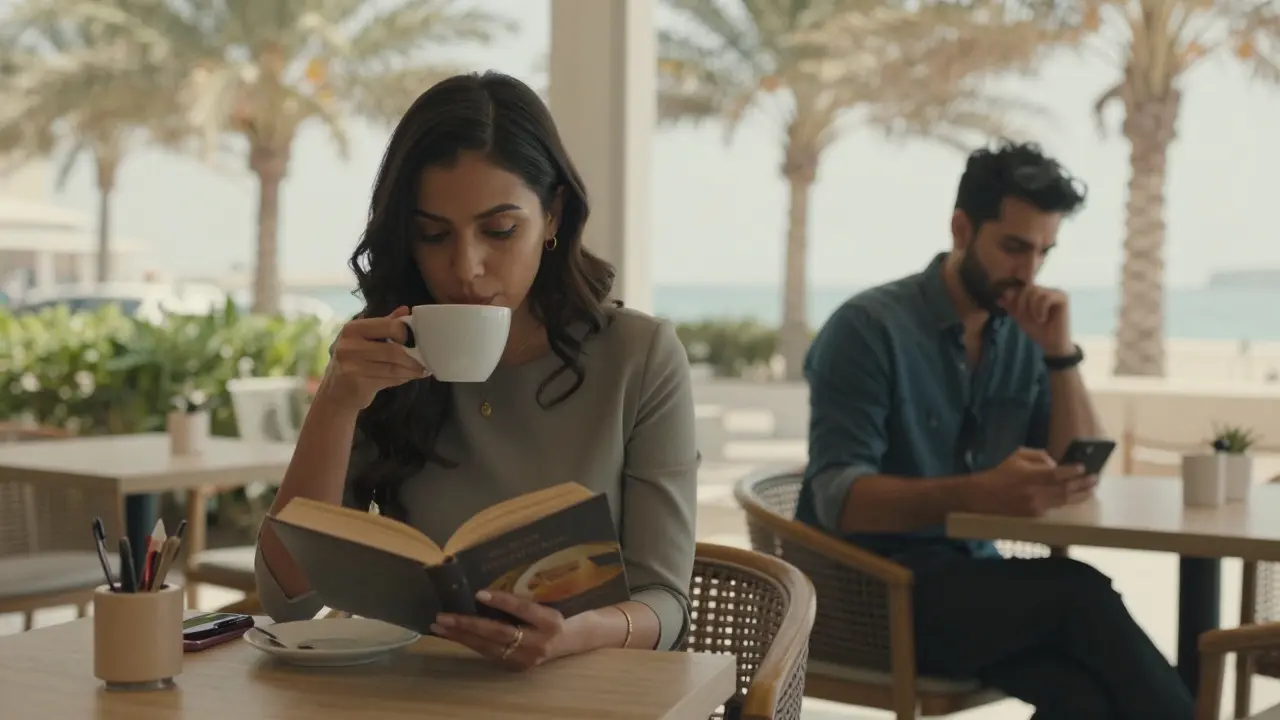 A woman reading in a café on Al Maryah Island, natural light filtering through palm trees.