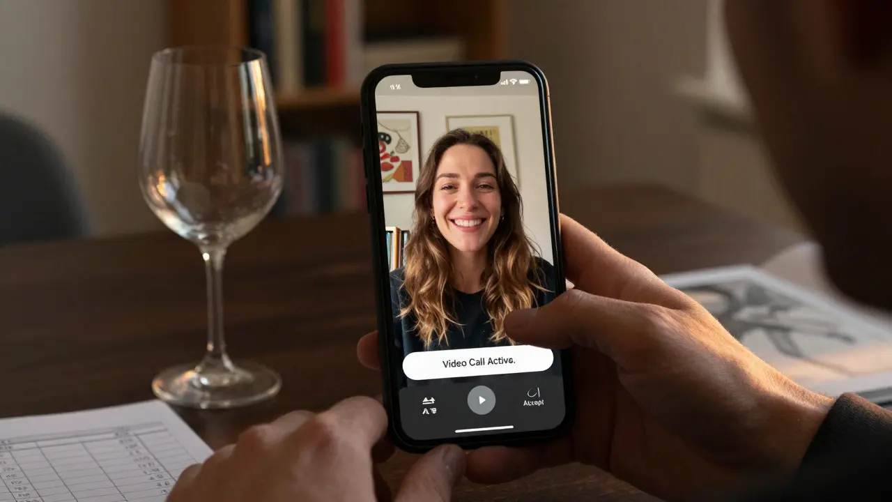 A woman video calling a client from her Paris apartment, natural light streaming through the window.