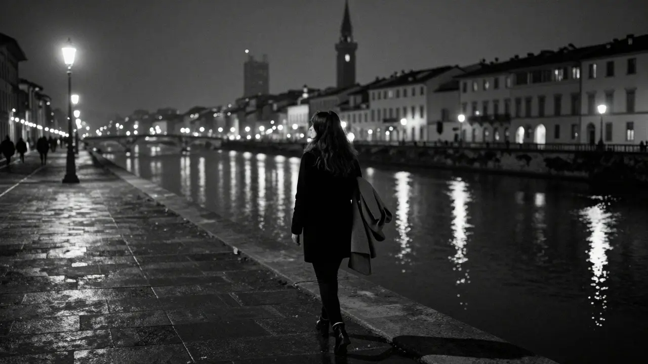 A woman walking alone along the Navigli canal at night, lanterns glowing on the water under Milan’s skyline.
