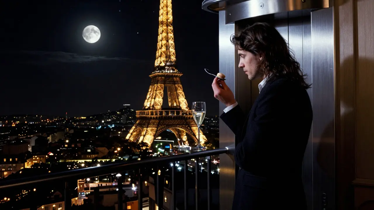 Alone on the Eiffel Tower’s terrace at dawn, a guest holds a macaron as the city sleeps below in a sea of lights.