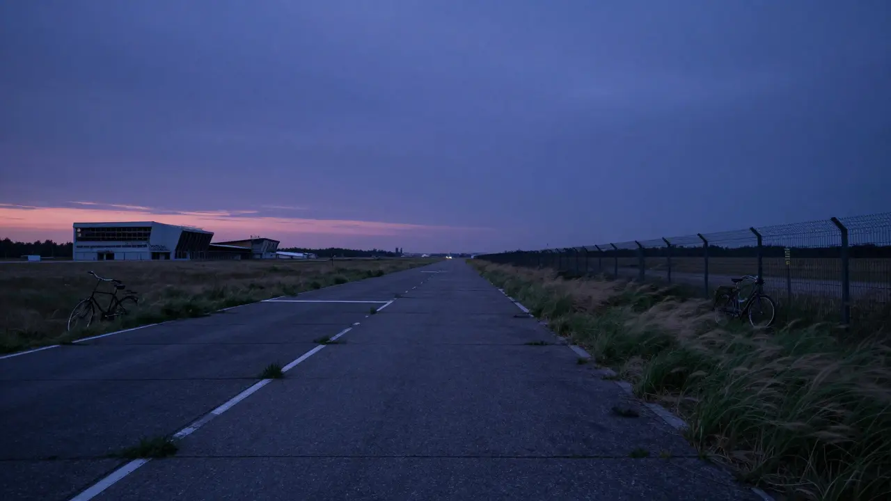 An empty airport runway at twilight, overgrown with grass, terminal buildings fading into the dusk.