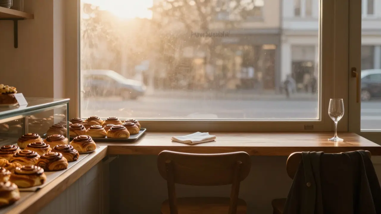An empty bakery table at dawn holds traces of a heartfelt night in Neukölln.