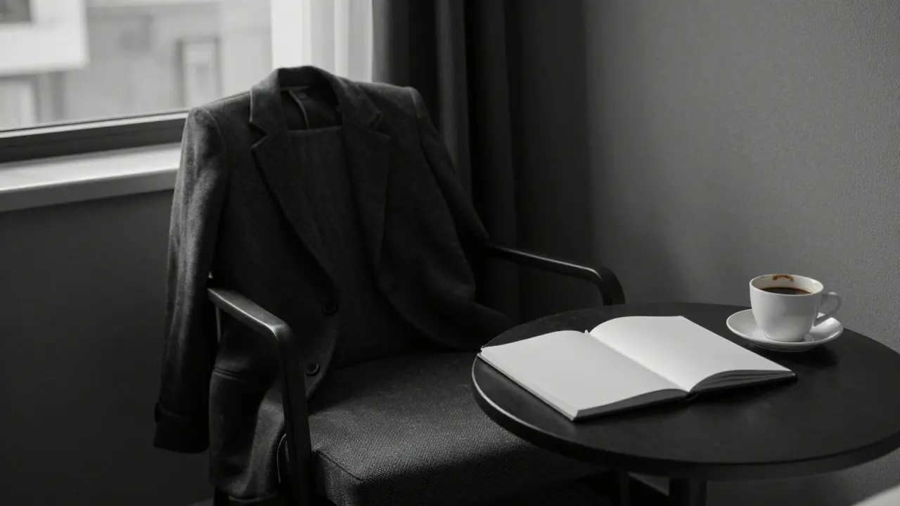 An empty chair beside a hotel window with a coat and coffee cup, symbolizing presence and emotional connection.