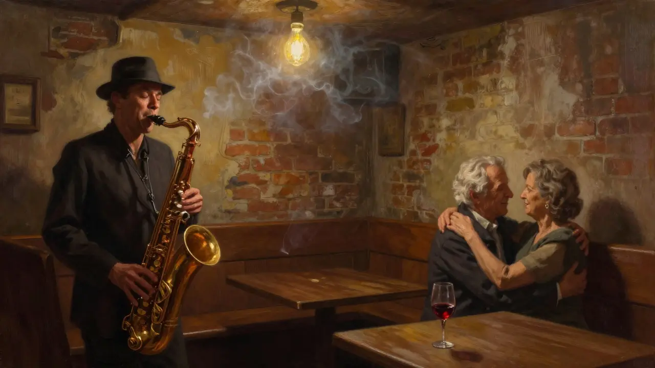 An intimate jazz cellar in Paris with smoke, warm light, and an elderly couple swaying to saxophone music.