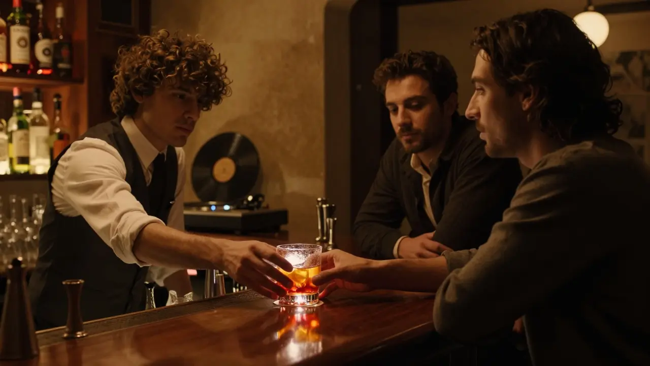 Bar Basso bartender crafting a Negroni Sbagliato in dim, intimate lighting with vintage decor.