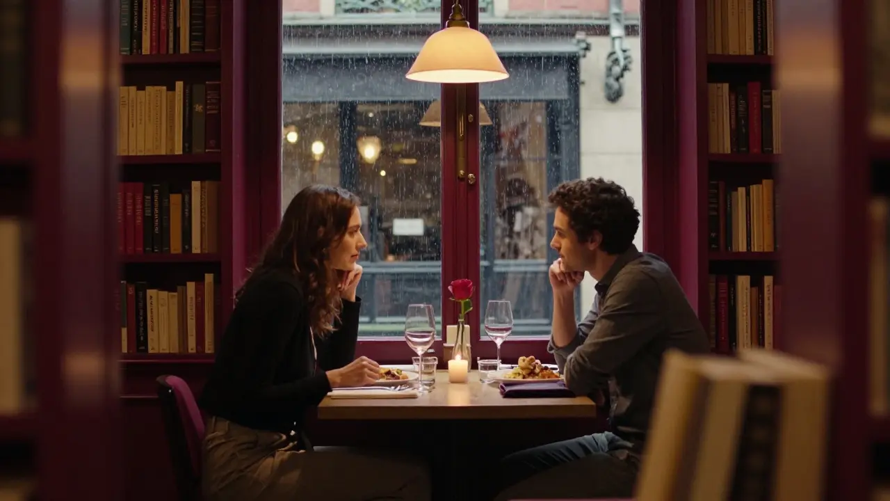 Candlelit dinner in a bookshop dining room with shelves of French literature and rain on the window.