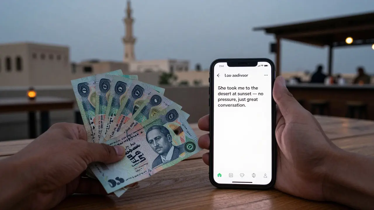 Cash payment on a table beside a smartphone showing a positive review of a cultural companion experience.