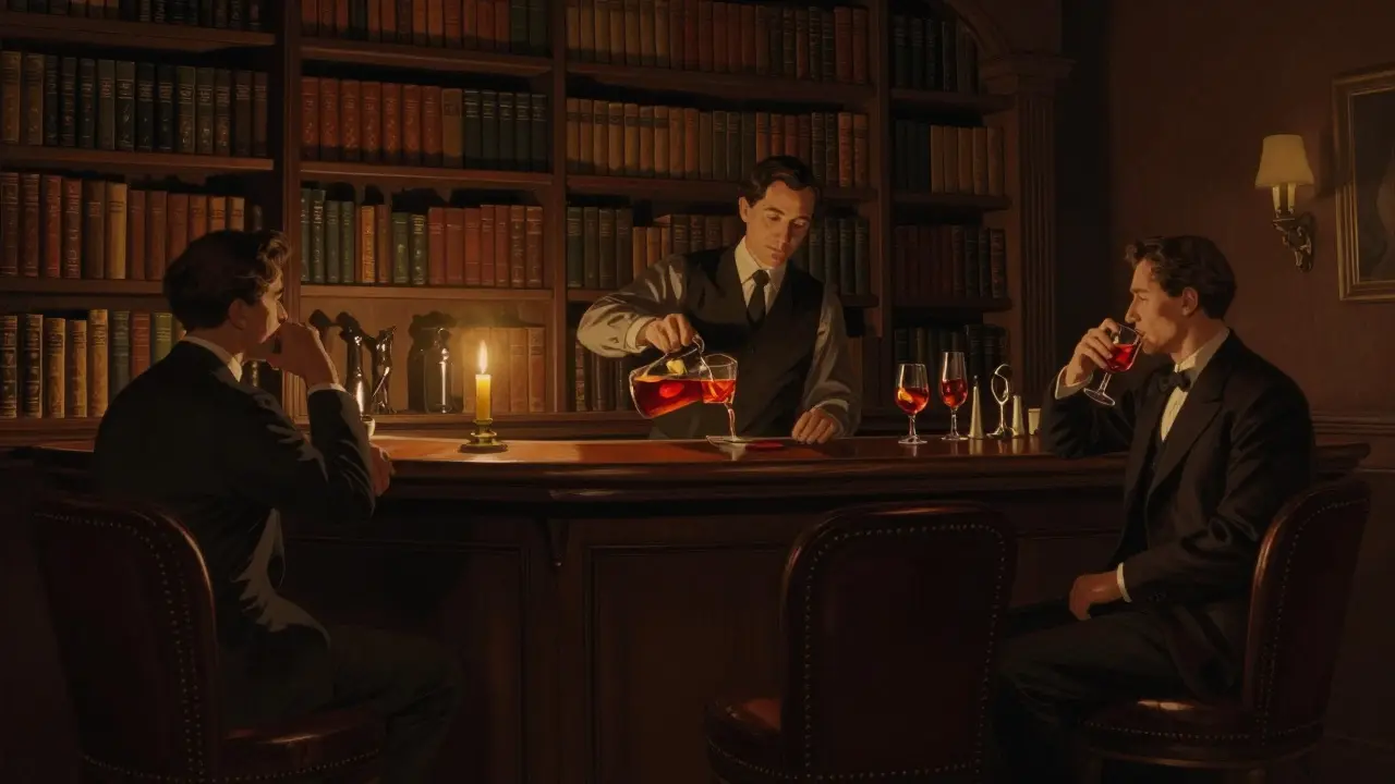 Cozy 1920s-style lounge with bookshelves and candlelight, a bartender pouring a Negroni in quiet Brera.