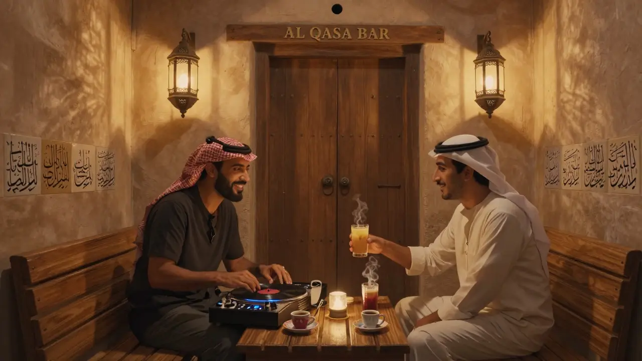 Cozy hidden bar with wooden benches, Arabic coffee, and vinyl records playing softly.