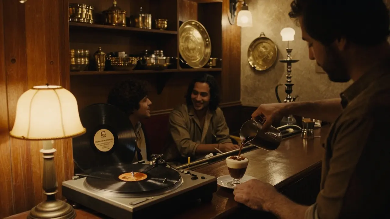 Cozy retro bar with vinyl records and Arabic coffee cocktails, soft lighting and quiet patrons.
