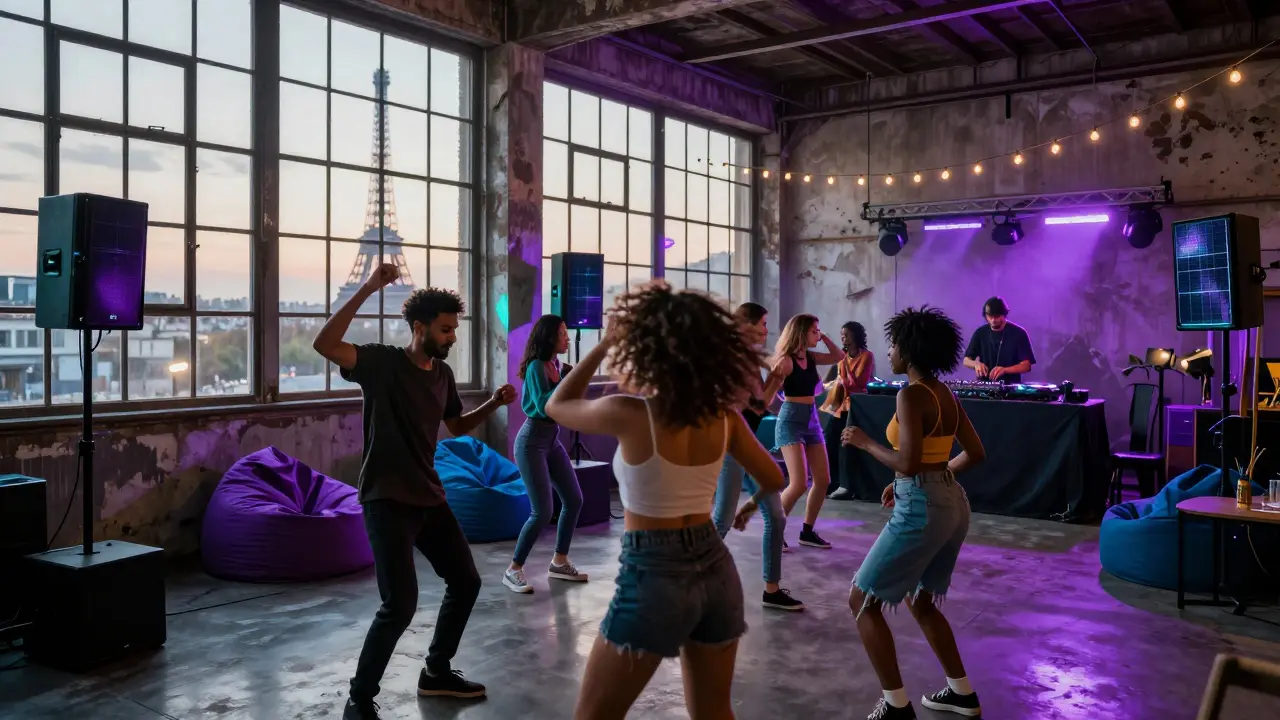 Crowd dancing at a dawn warehouse party in Paris, solar-powered lights and Afro-house beats.