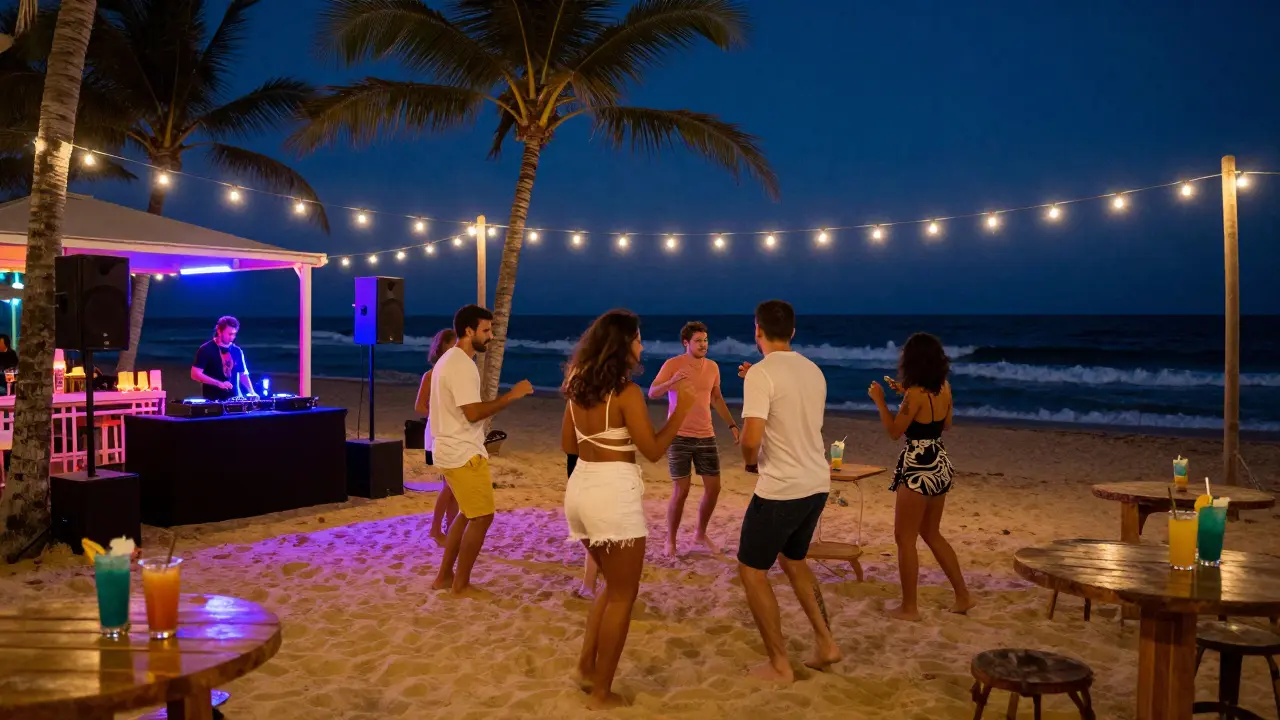 Crowd dancing on the beach at La Mer Beach Club under string lights and palm trees at night.