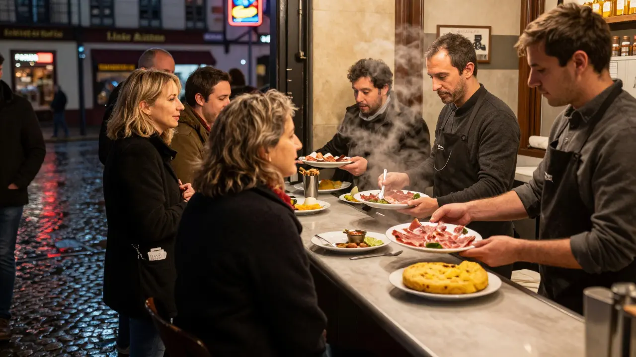 Crowded Spanish tapas bar at night, theatre-goers standing at counter eating tapas, ticket stubs visible, steam rising from food.