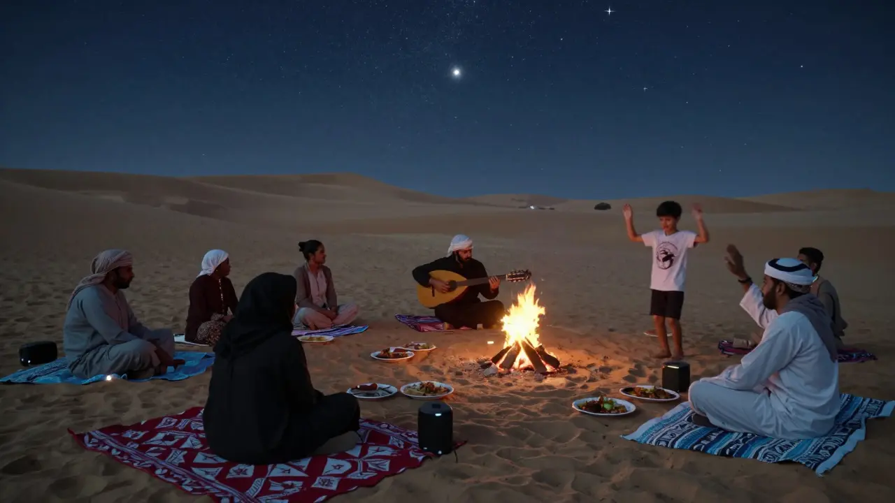Diverse group gathered under stars at a secret beachside night market with oud music.