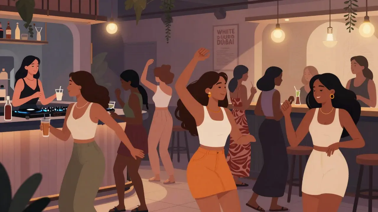 Diverse group of women dancing together in a softly lit club with calm, elegant lighting and no crowds.