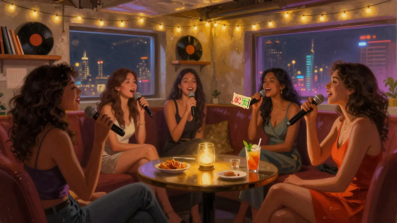 Friends singing karaoke in a cozy basement lounge with string lights and mocktails, no men present.