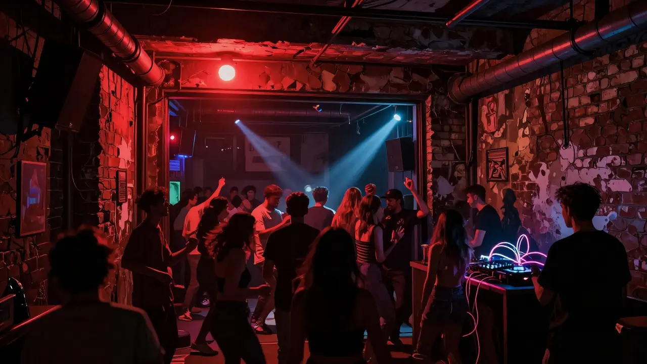 Gritty underground club Kasa with strobe lights and a dense crowd dancing in a warehouse.